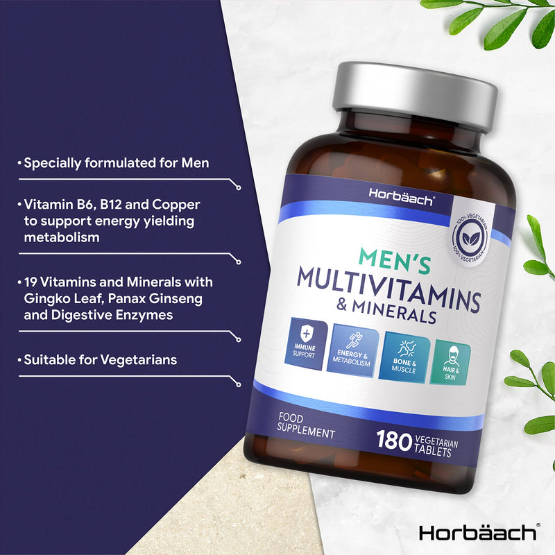Men's Multivitamins and Minerals | 180 Tablets | 19 Vitamins & Minerals | Vegetarian Food Supplement | by Horbaach - BeesActive Australia