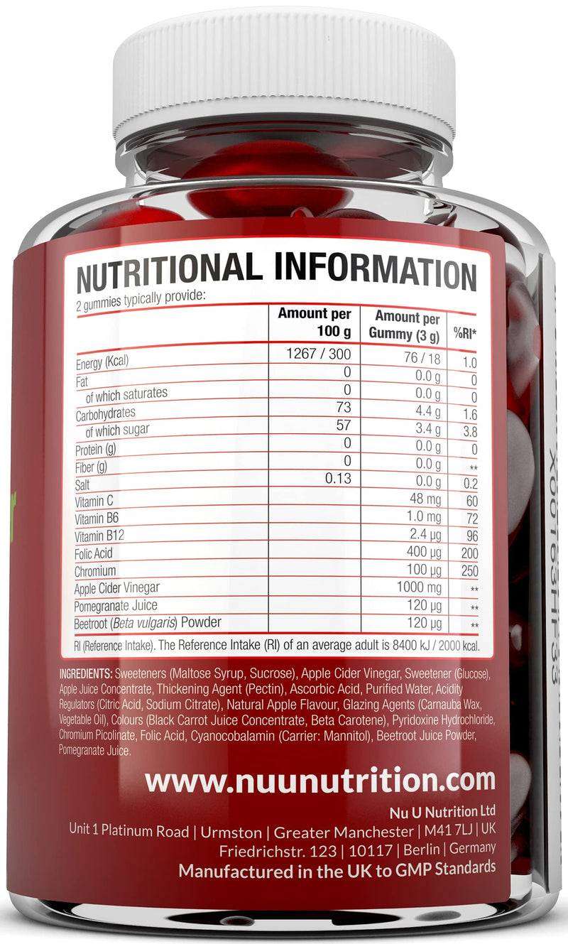 Apple Cider Vinegar Gummy 1000mg - 90 Vegan Gummies - High Strength Complex with Vitamin C, B12, B6, Folic Acid, Pomegrante & Beetroot - ACV Gummies with The Mother - 45 Day Supply - BeesActive Australia