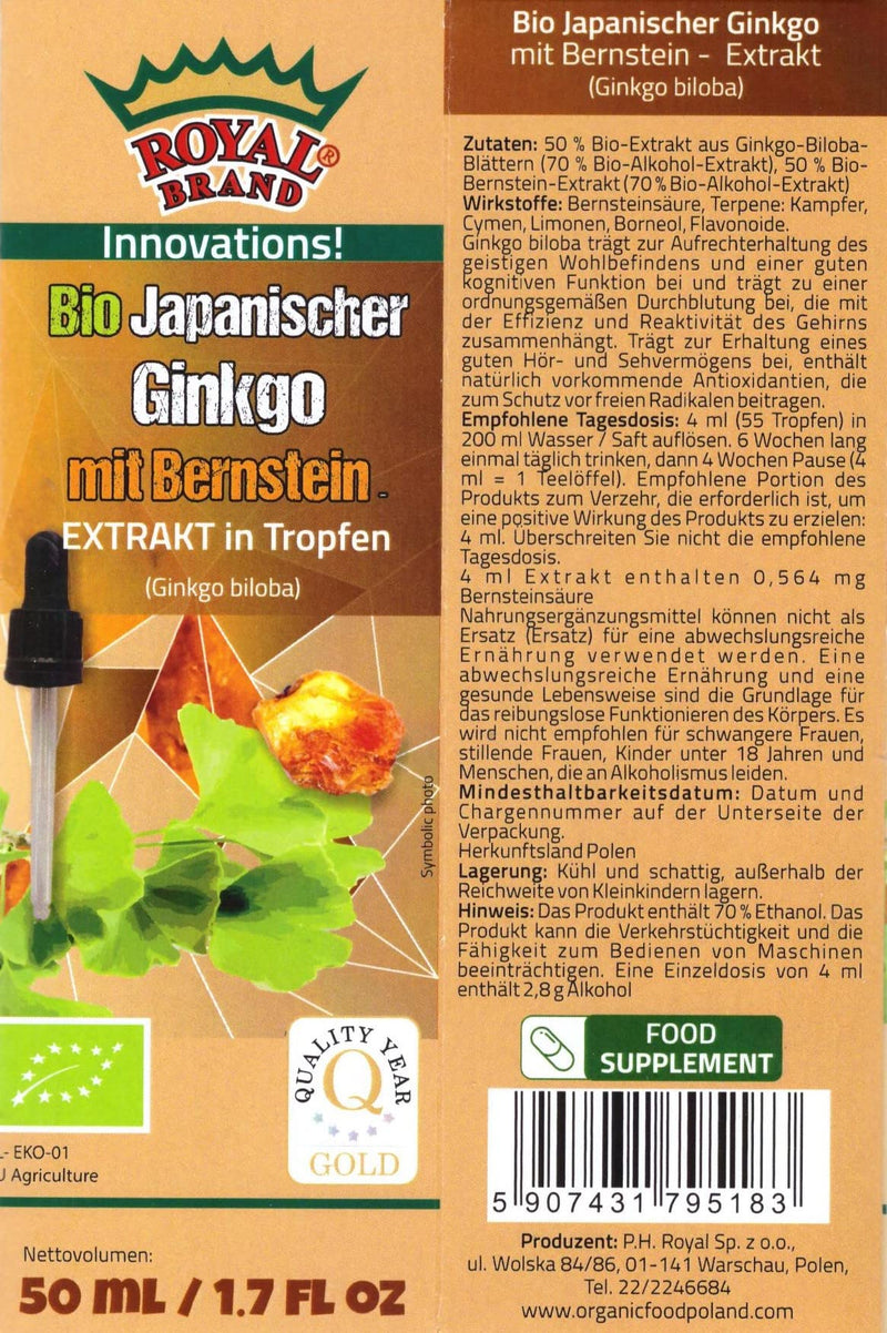 Ginkgo Biloba Organic Extract with Amber Organic Extract/Ginkgo Biloba with Baltic Amber Organic /50 ml/Elixir of Youth, Supports The Body and The Brain/brochure About Amber for Free. - BeesActive Australia