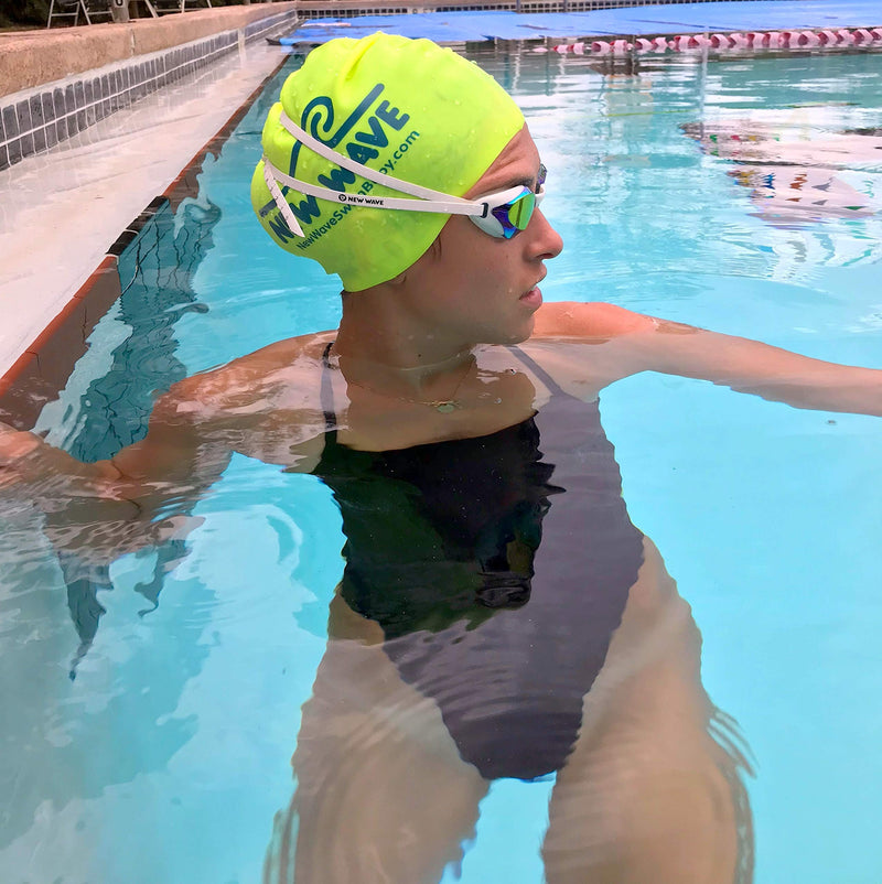New Wave Fusion Swim Goggles Blue Ice and Fluo Green Cap Bundle - BeesActive Australia