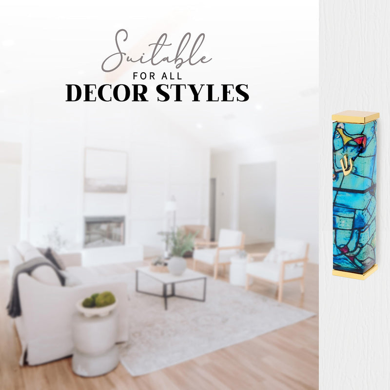 SURI Mezuzah Case - 4 Inch Modern Mezuzah for Door with Turquoise Marc Chagall Design, Made of 24K Gold-Plated Aluminum. Gift Box & a Non-Kosher Scroll are Included Turquoise & Gold - BeesActive Australia