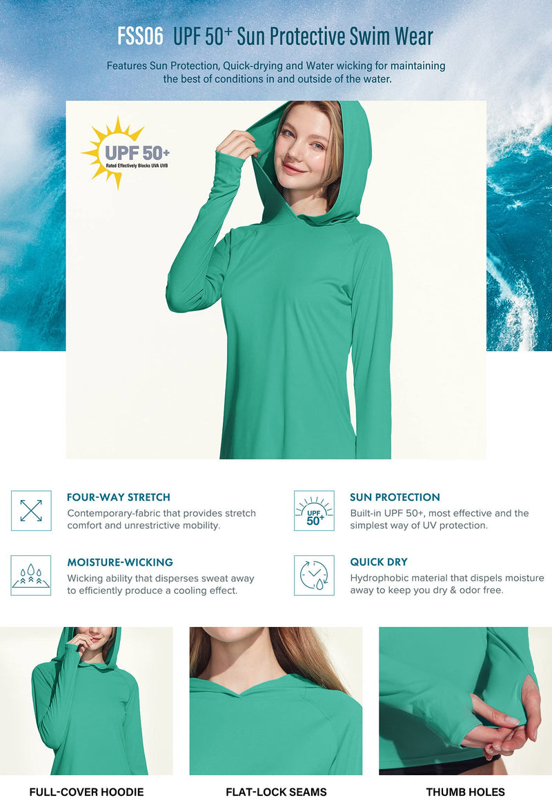 TSLA Women's UPF 50+ Long Sleeve Rash Guard Swim Shirts, UV Protection Sun Shirts, Regular-Fit Quick Dry Water Shirts Pullover Hoodie Shirt Green X-Small - BeesActive Australia