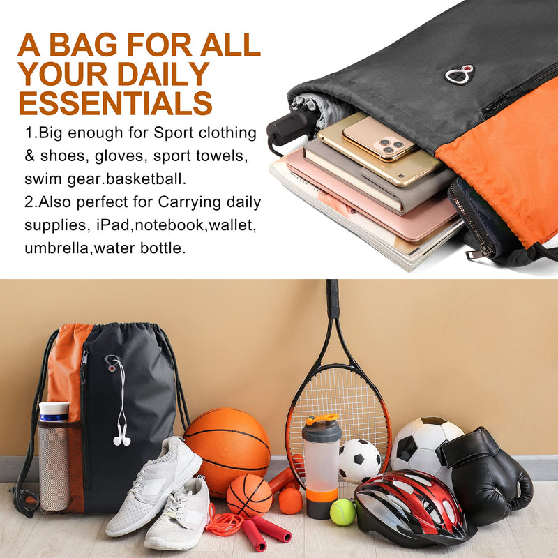 Drawstring Backpack Sports Gym Bag for Women Men Children Large Size with Zipper and Water Bottle Mesh Pockets Black/Oranage - BeesActive Australia
