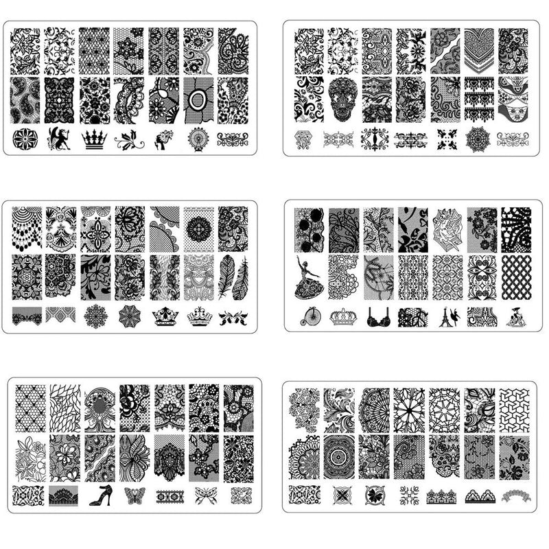 WOKOTO Nail Art Stamping Plates Set Lace Flower Image 6Pcs Nail Art Templates Manicure Plates kit - BeesActive Australia