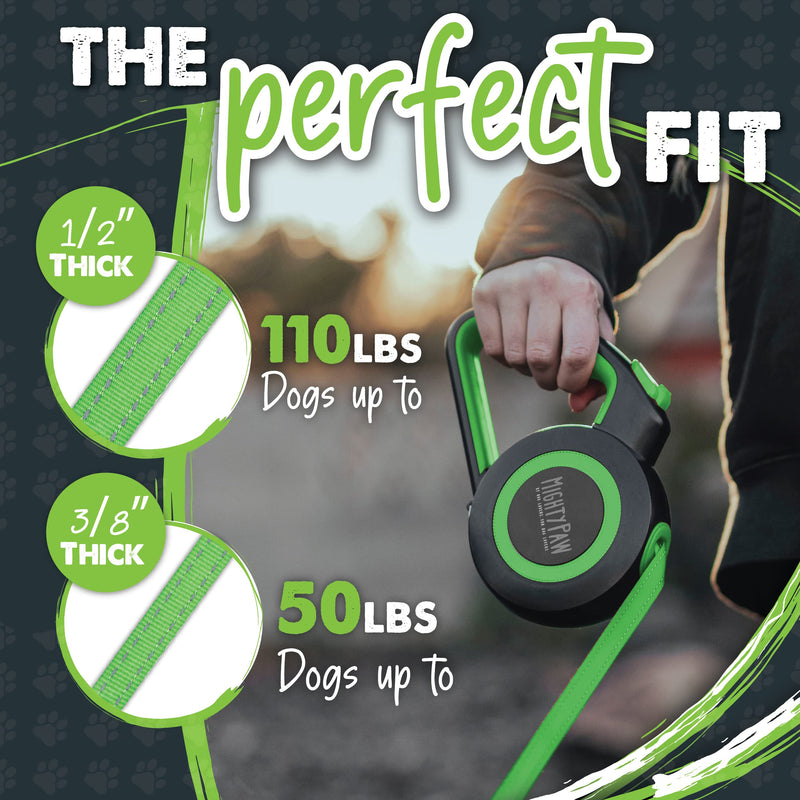 Mighty Paw Retractable Dog Leash 2.0 | 16’ Heavy Duty Reflective Nylon Tape Lead for Pets Up to 110 lbs. Tangle Free Design W/ One Touch Quick-Lock Braking System & Anti-Slip Handle Standard Green - BeesActive Australia