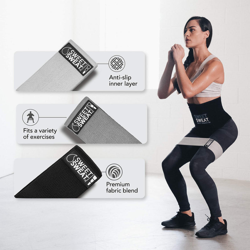 Sweet Sweat Hip Bands with 3 Levels of Resistance | Non-Slip Fabric Booty Bands for Squats & Lunges | Includes Free Mesh Carrying Bag - BeesActive Australia