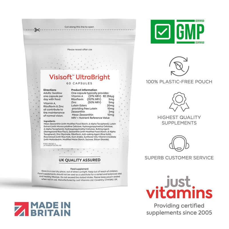Visisoft� UltraBright 10mg Lutein, 2mg Zeaxanthin & 10mg Meso-Zeaxanthin Macular, Eye Health + Vision Complex Eye Care Supplement with Vitamin A, Riboflavin & Zinc x60 Capsules UK Made - BeesActive Australia