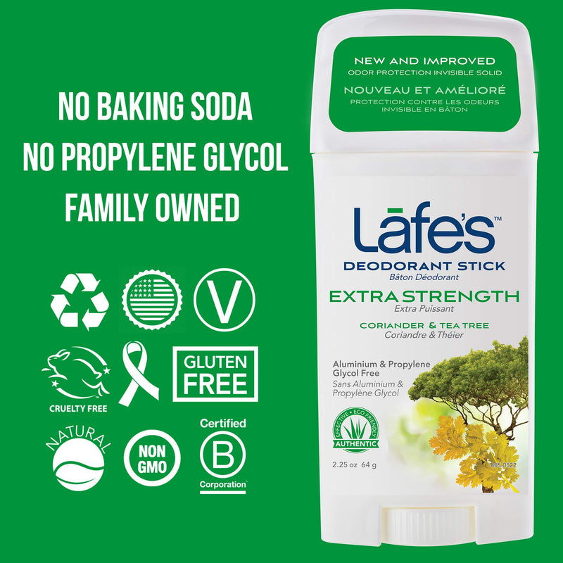 Lafe's | Extra Strength - Coriander & Tea Tree - Aluminum Free Natural Deodorant Stick for Women & Men | Vegan, Cruelty Free, Gluten Free, Paraben Free & Baking Soda Free with 24-Hour Protection (2.25 oz) - BeesActive Australia