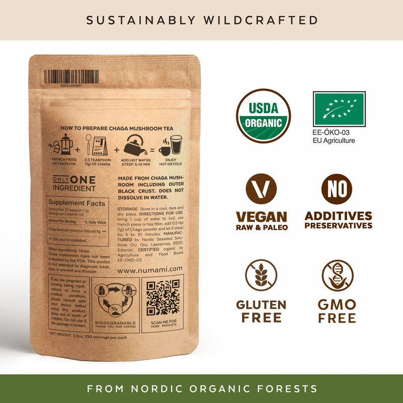 Organic Chaga Mushrooms Powder - Fine Powder to Make Chaga Tea for Immune Defense and More Energy, Organic Chaga is Wild Grown and Sustainably Harvested in Europe, Certified USDA Organic, 100 servings Chaga Powder - BeesActive Australia