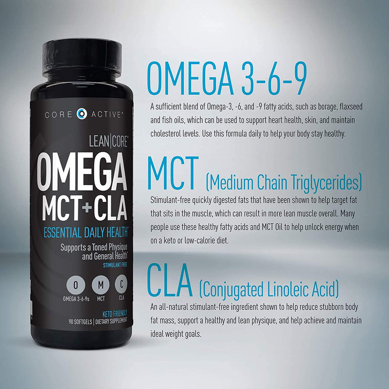 Lean CORE Omega MCT + CLA - Stimulant Free Health Formula, Lean Muscle & Toned Physique, Omega 3-6-9 Fatty Acids - Flaxseed Fish Oil- Coconut Oil- Keto Friendly 30 Day Supply (90 Softgels) - BeesActive Australia