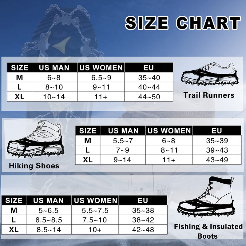 VanRolldex Ice Cleats for Boots Shoes Ice Snow Traction Cleats Anti-Slip 19 Spikes Stainless Steel Crampons Safe Protect Footwear for Men Women Hiking Climbing Mountaineering Walking Fishing Jogging 19 Spikes with Strap X-Large - BeesActive Australia