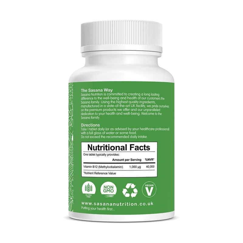 Sasana Nutrition Vitamin B12 Tablets High Strength 1000mcg - 180 Vegan/Vegetarian Tablets 6 Months Supply � B12 Vitamin Manufactured in The UK - BeesActive Australia