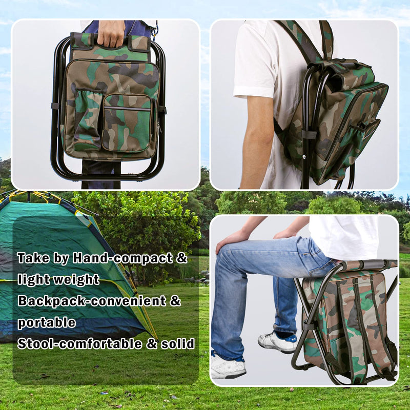 Folding Stool Backpack Insulated Cooler Bag, Collapsible Camping Hunting Fishing Multifunction Chair with Front Pocket and Bottle Pocket for Outdoor Events, Hiking, Travel, Beach Camouflage - BeesActive Australia