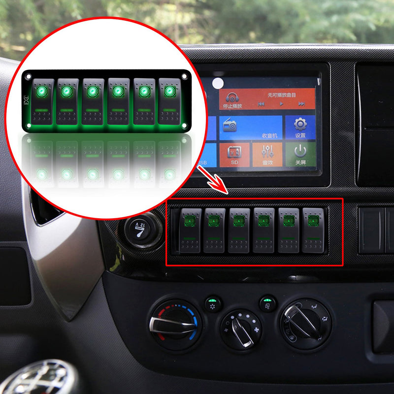 [AUSTRALIA] - FXC Rocker Switch Aluminum Panel 6 Gang Toggle Switches Dash 5 Pin ON/Off 2 LED Backlit for Boat Car Marine Green 