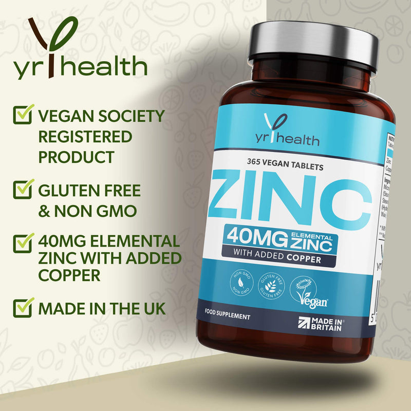 Vegan Zinc Tablets High Strength 40mg - 365 Premium Zinc Gluconate Tablets - Zinc Supplements, 12 Month's Supply - Zinc and Copper Supplement - Zinc 40mg - Made in The UK by YrHealth - BeesActive Australia