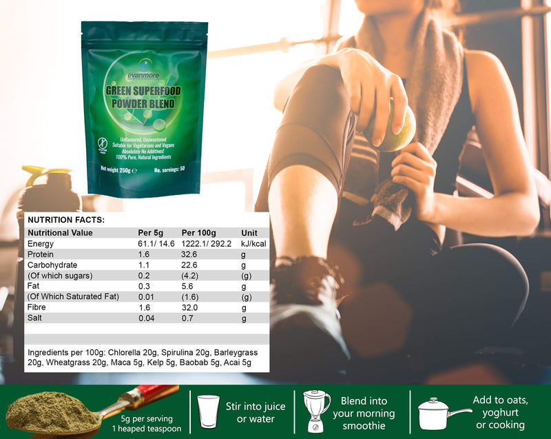 Super Greens Powder Blend - Vitamin Mineral Nutrient Rich - Immune System & Energy Boost - Vegan Vegetarian Superfoods Supplement Alkaline 100% Natural Gluten Free Detox- 250g 50 Servings, Evanmore - BeesActive Australia