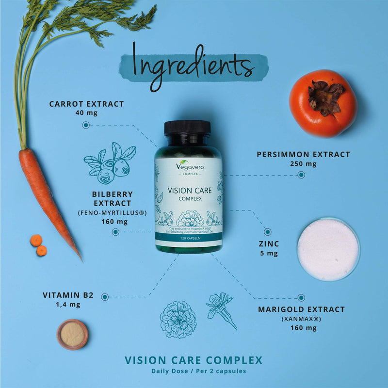 Eye Vitamins Vegavero® | Lutein, Zeaxanthin, Bilberry, Beta Carotene Extracts, Vitamin B2 & Zinc | 120 Vegan Capsules - BeesActive Australia