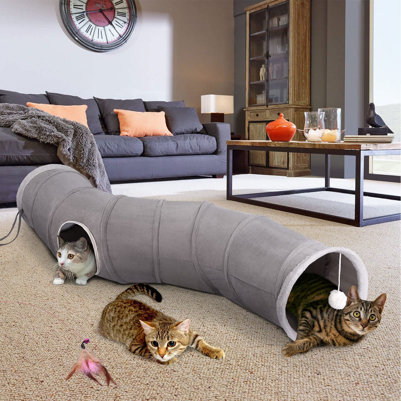 Ownpets Cat Tunnel 48 inch Long S-Shape Collapsible Cat Play Tunnel with Interactive Feather Wand Large Pet Tunnel Tube Toy for Cat Kitten Kitty Puppy Rabbit - BeesActive Australia