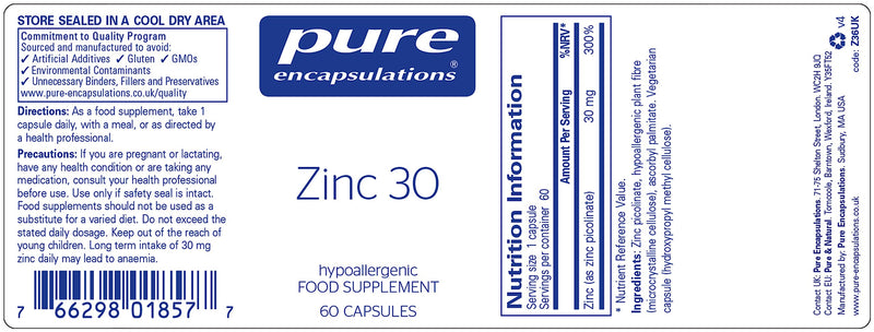 Pure Encapsulations - Zinc 30 - Zinc Picolinate 30mg - Highly Absorbable Hypoallergenic Immune System Supplement - 60 Capsules 60 Count (Pack of 1) - BeesActive Australia