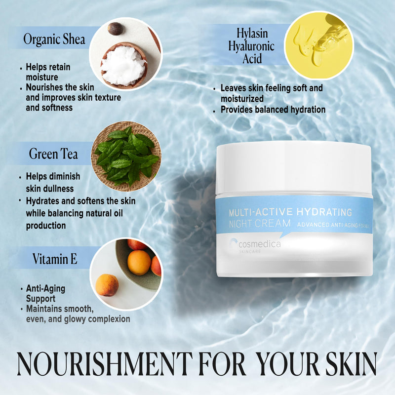 Cosmedica Skincare Multi-Active Hydrating Night Cream - Revitalizing Overnight Moisturizer & Anti-Aging Cream for Face and Neck with Hyaluronic Acid, Organic Shea, Glycolic Acid and Vitamin E, 2 oz - BeesActive Australia