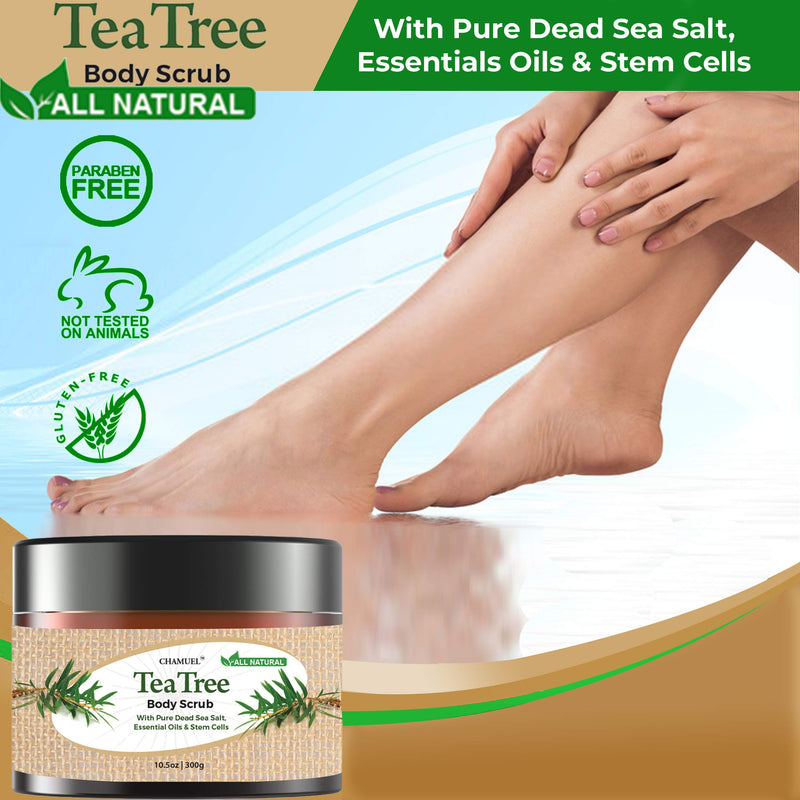 Chamuel Tea Tree Body & Foot Scrub - 100% Natural Exfoliating Body Scrub with Dead Sea Salt, Plant-based Stem Cells, Ginger & Essential Oils– Rejuvenates & Soothes Dead & Dry Skin (15.1oz) - BeesActive Australia