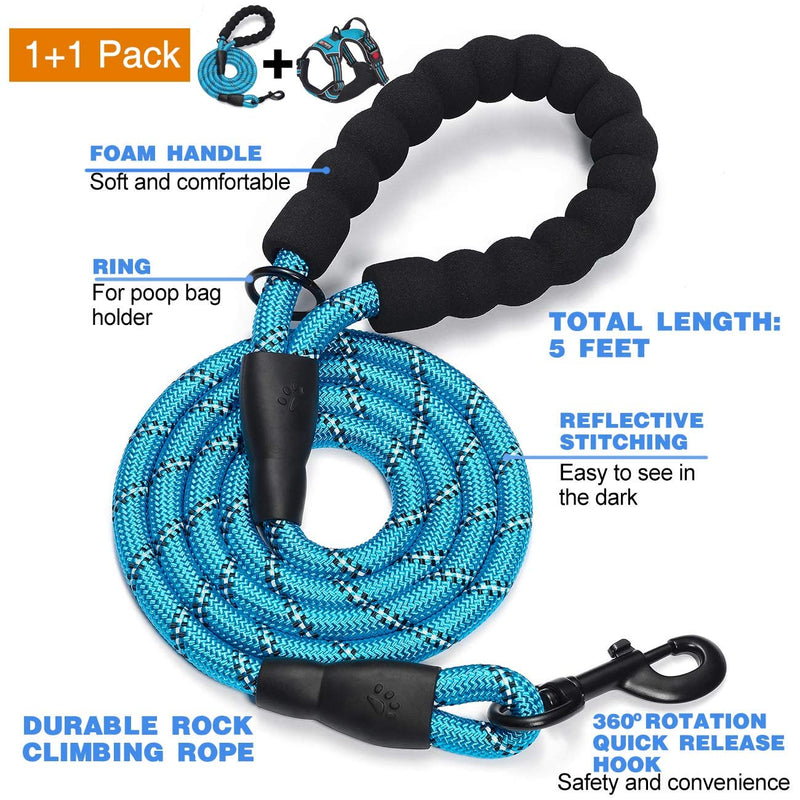 tobeDRI No Pull Dog Harness Adjustable Reflective Oxford Easy Control Medium Large Dog Harness with A Free Heavy Duty 5ft Dog Leash Large (Pack of 1) Blue Harness+Leash - BeesActive Australia