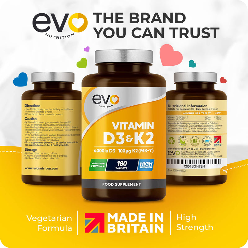 Vitamin D3 4000iu & Vitamin K2 100ug (MK7) |180 Vitamin D3 K2 Vegetarian Tablets | 1-A-Day | 6 Month Supply | High Strength D3 and K2 Vitamin | Vitamin D K2 Supplement | Made in The UK - BeesActive Australia