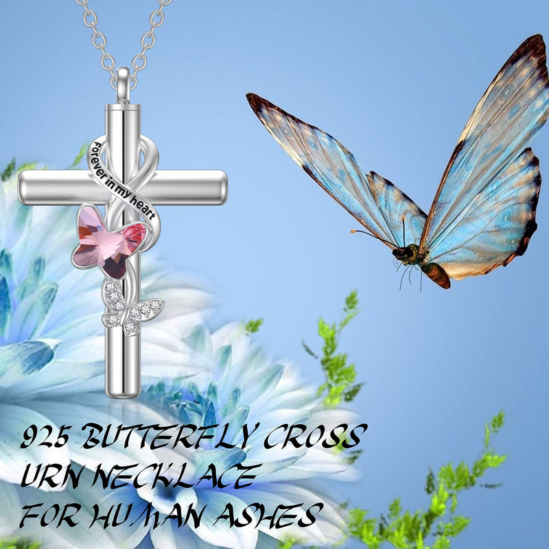 Flpruy 925 Sterling Silver Cross Urn Necklace for Ashes [Butterfly,Dragonfly,Bee,Hummingbird,Ladybug,Sunflower,Paw,Life of Tree] Cremation Necklace for Women Pets A_Pink Butterfly Urn Necklace - BeesActive Australia
