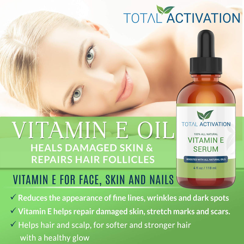 Total Activation Vitamin E Oil 100% Pure Cold Pressed Natural Antioxidant, Dry Skin Treatment Body Moisturizer Anti-Aging Skin Moisturizer Ultra-Hydrating Skin Healer Hair and Nail Growth Oil 4 oz - BeesActive Australia