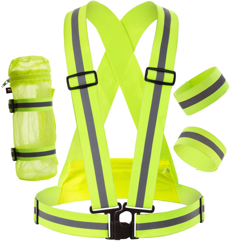 [AUSTRALIA] - Clinch Star Reflective Gear for Running and Cycling at Night with Back Pocket - Removable Water Bottle Holder - Outdoor Reflector Arm Foot Band Set Great Gift Reflective Vest 