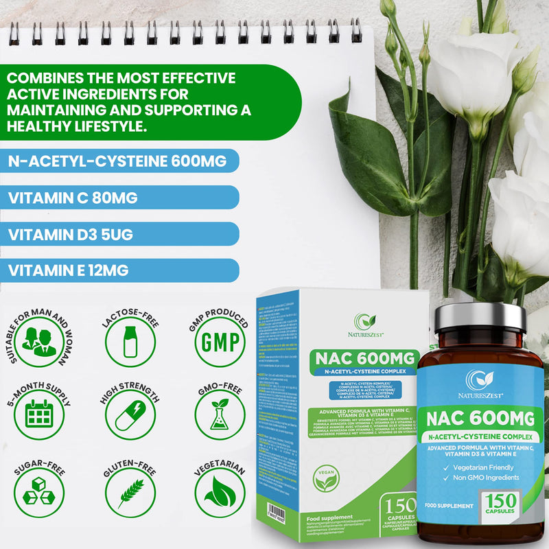 NAC N-Acetyl-Cysteine 600mg - High Strength NAC Supplement with 4 Active Ingredients - 150 Vegetarian Capsules - 5 Month Supply - enriched with NAC Powder, Vitamin C, D3 & E – Packaging May Vary - BeesActive Australia