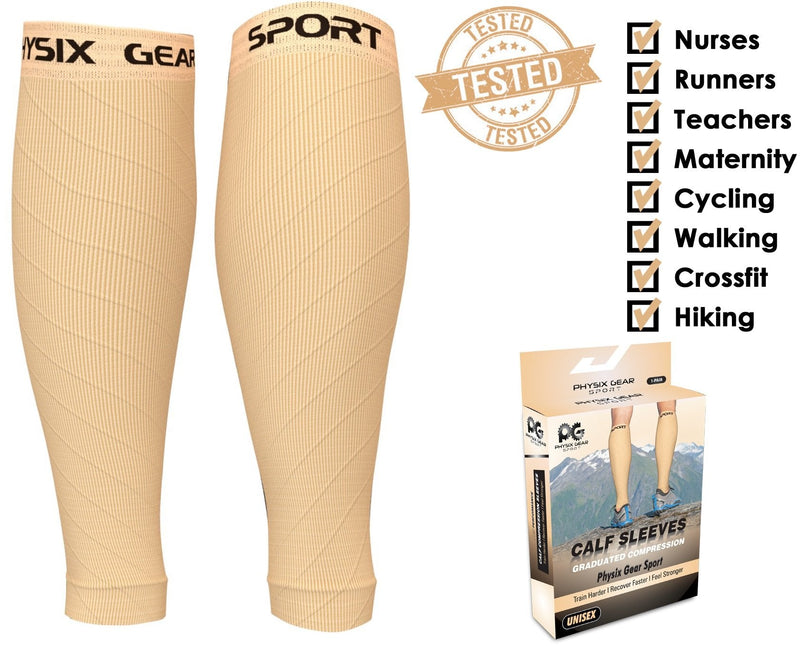 Calf Compression Sleeve Men & Women - Shin Splints Support, Footless Compression Socks for Calf Support, Achilles Tendon Support, Leg Cramps, Varicose Veins, Maternity, Nurses (1 Pair) S/M | 12" - 16" Calf Nude Beige - 1 Pair - BeesActive Australia