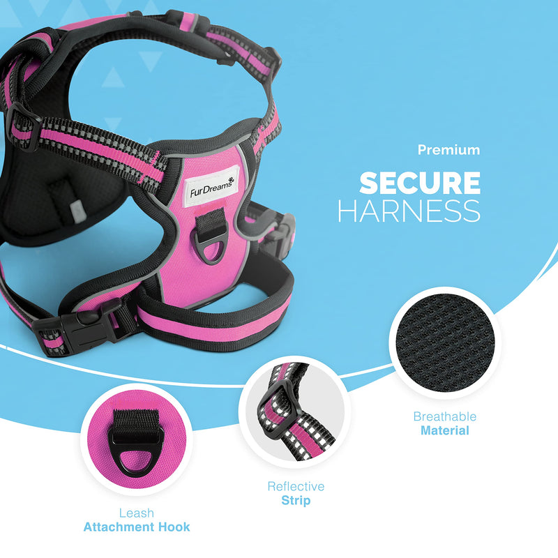 FurDreams No Pull Dog Harness - Secure Padded Vest Harness, Comfortable Material with Reflective Strips, Non-Restrictive, No Choke Fit with 4 Adjustable Straps, Easy Clip On Buckle Small Pink - BeesActive Australia