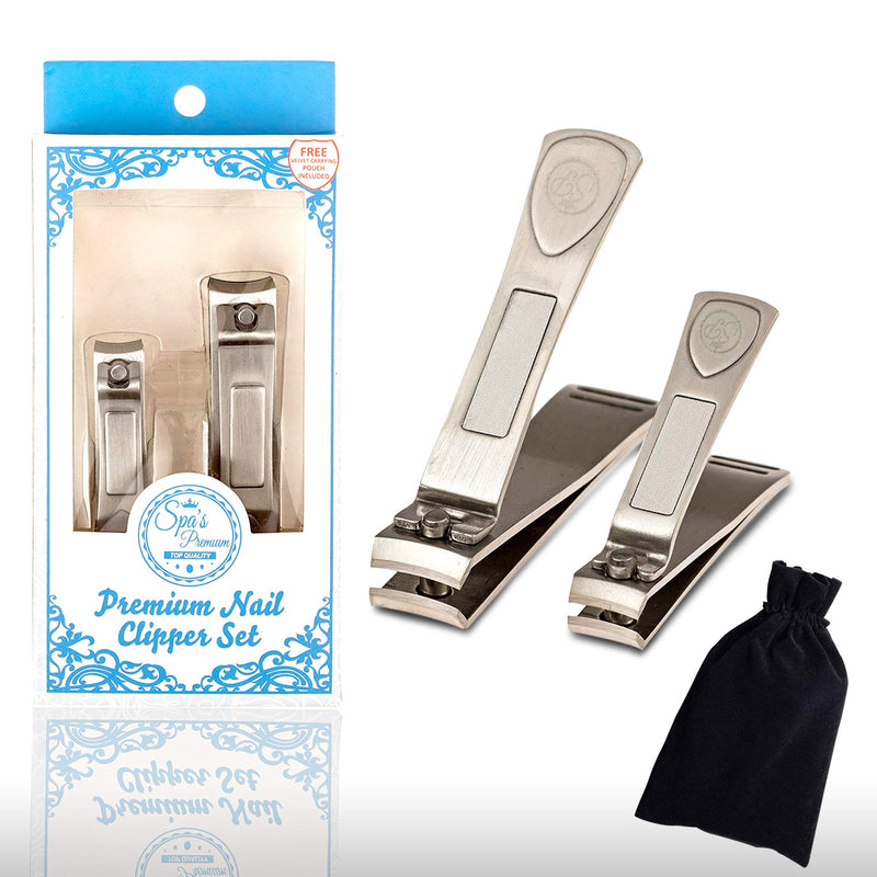 Spa's Premium Nail Clipper Set with Built-In Nail Files, Stainless Steel Fingernail Clippers and Toenail Clippers, Velvet String Carrying Pouch - Professional Spa Quality Precision Nail Care Tools - BeesActive Australia