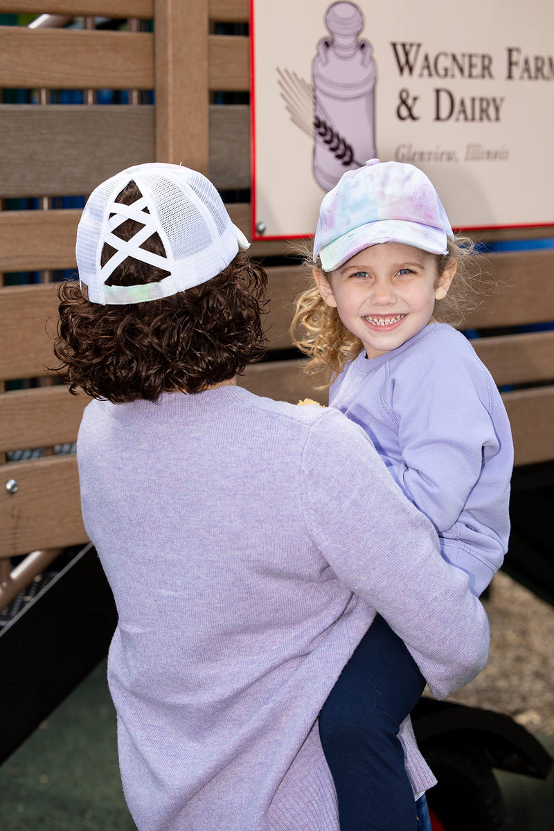 Funky Junque Girl's Criss Cross Hat Messy Bun High Ponytail Kids Baseball Cap 2 Pack: Tie Dye Baby Pink & Tie Dye Cotton Candy - BeesActive Australia