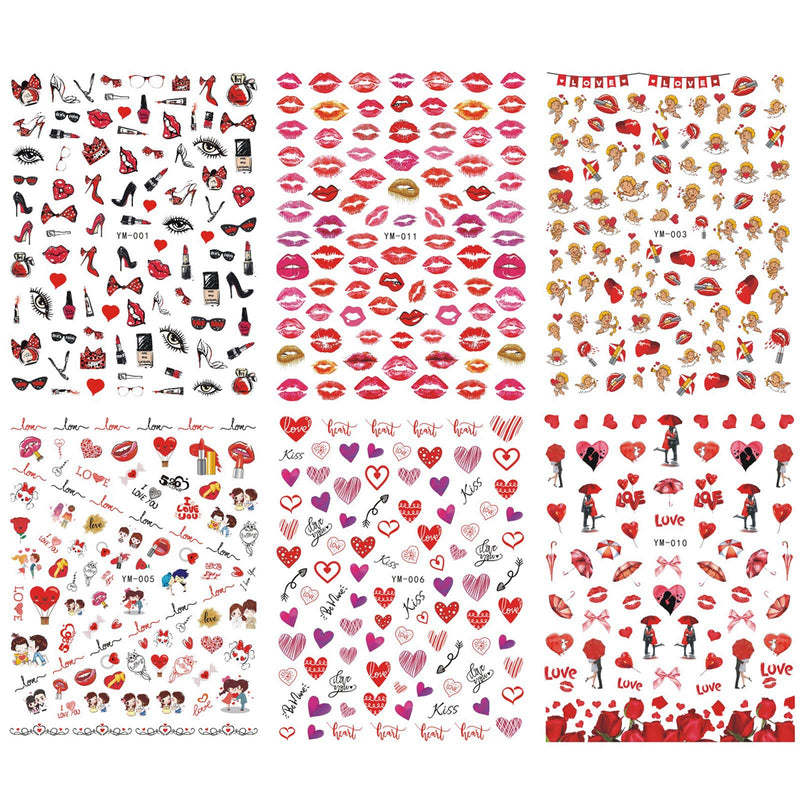 Valentines Day Nail Art Sticker Decal 3D Self-Adhesive Valentines Day Nail Decorations Sexy Red Lips Love Kiss Angel Baby Cupid Heart Valentine Nail Decorations (12 Sheets) - BeesActive Australia