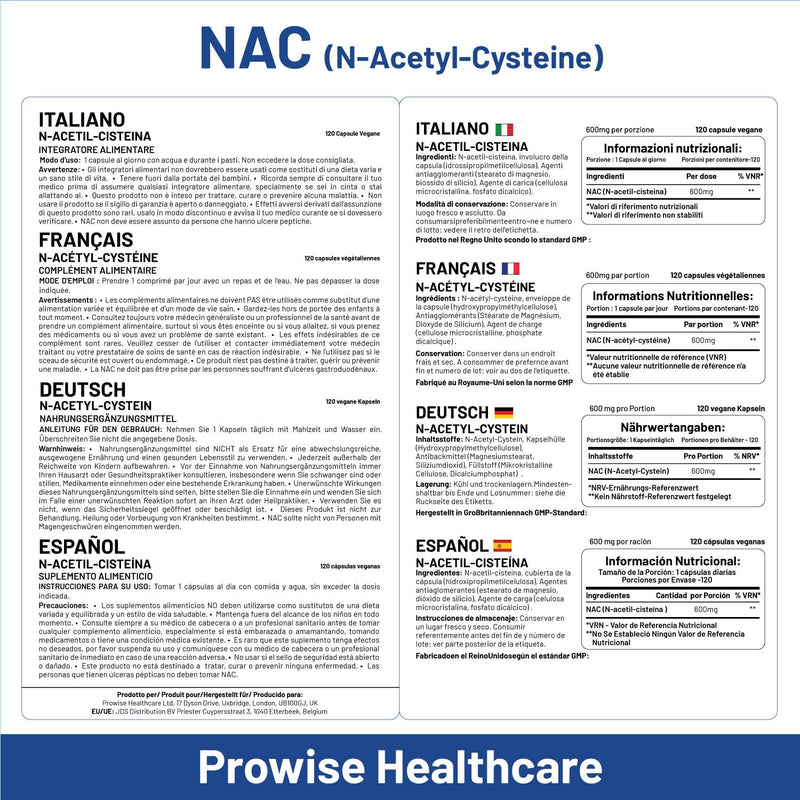 NAC N-Acetyl-Cysteine 600mg | 120 Capsules of Nac N-Acetyl-Cysteine | Vegan N-Acetyl-Cysteine Nutritional Supplements | High Bioavailability & No Fillers | UK Manufactured by Prowise Healthcare - BeesActive Australia