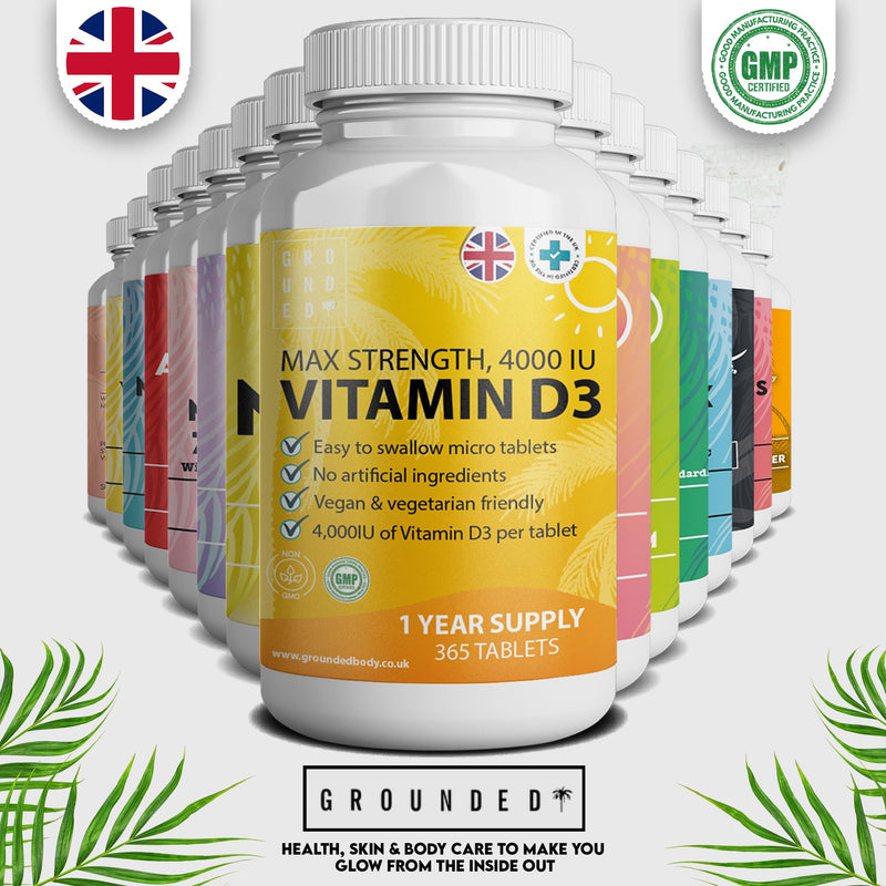 Vitamin D3 4000 IU Micro Tablets - 365 Day Supply, Easy to Swallow High Strength Premium Sunshine Vitamin | Max Strength Vitamin D Supplement, Vegetarian & Vegan Friendly, Made in UK by Grounded - BeesActive Australia