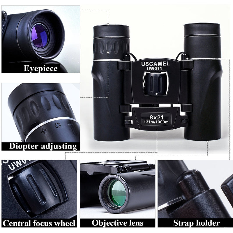 USCAMEL Folding Pocket Binoculars Compact Travel Mini Telescope HD Bak4 Optics Lenes Easy Focus 8x21 Colour Black - BeesActive Australia