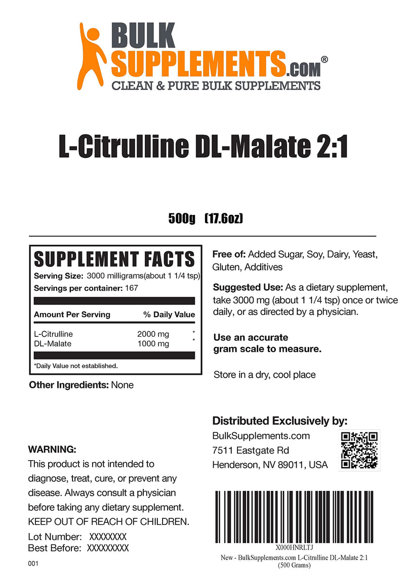 BULKSUPPLEMENTS.COM L-Citrulline Malate 2:1 Powder - L Citrulline Malate Supplement, Citrulline Malate Powder - Unflavored & Gluten Free - 3g per Servings, 167 Servings, 500g (1.1 lbs) 1.1 Pound (Pack of 1) - BeesActive Australia