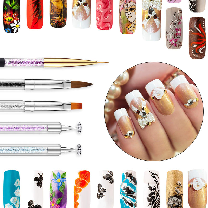 9 Pieces 3D Nail Art Brushes Set, Nail Art Liner Brushes Nail Painting Pen Brushes Double Ended Nail Dotting Drawing Pen Acrylic Nail Brush Pens with Rhinestone Handle for Home Salon - BeesActive Australia