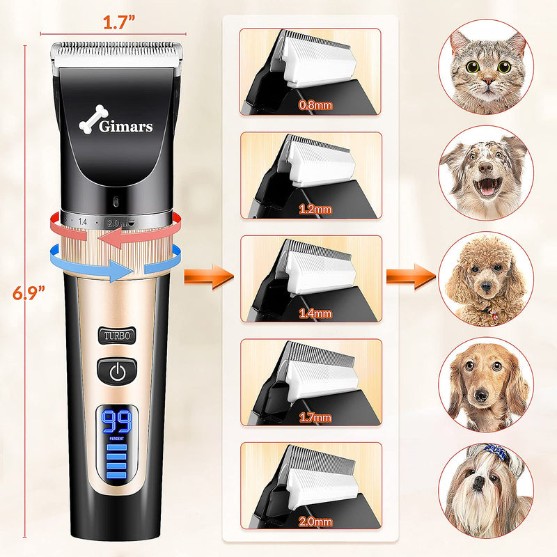 Gimars 3-Speed Low Noise Dog Hair Clippers, Rechargeable Cordless Quiet Electric LCD Display Pet Hair Thick Coats Grooming Clippers Trimmers Kit Dog Shaver Set for Dogs Cats Pet Horse 2 in 1 - Titanium Blade - BeesActive Australia