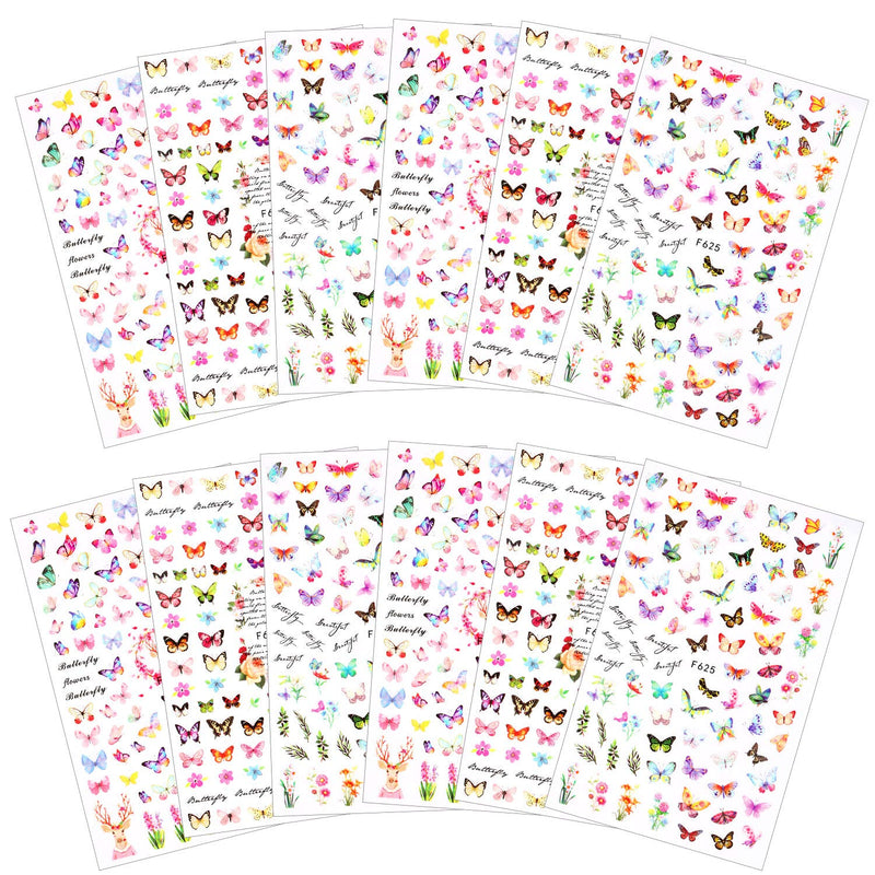 Blulu 12 Sheets 3D Butterfly Nail Art Stickers Adhesive Flowers Butterfly Nail Decal Stickers for Women Girls Nail DIY Decoration, About 1200 Pieces Totally (Refreshing Butterfly Series) Refreshing Butterfly Series - BeesActive Australia