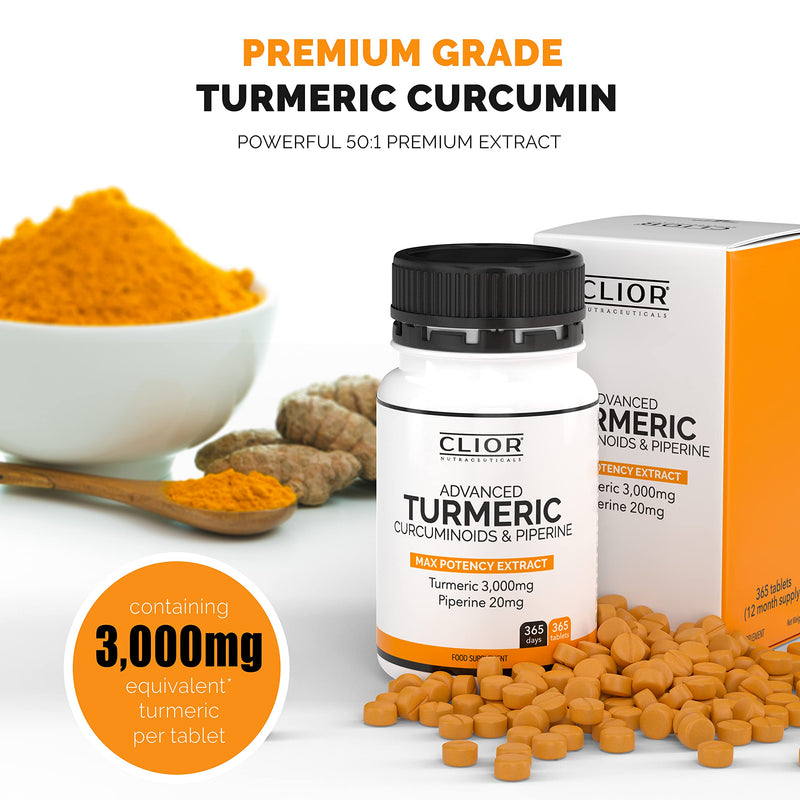 Turmeric Curcumin 3,000mg with Black Pepper x 365 Vegan Tablets High Strength | 1 Year Supply | 95% Curcumins + 20mg Piperine | Tiny Easy-to-Swallow Supplements by Clior (Cambridge Labs) - BeesActive Australia