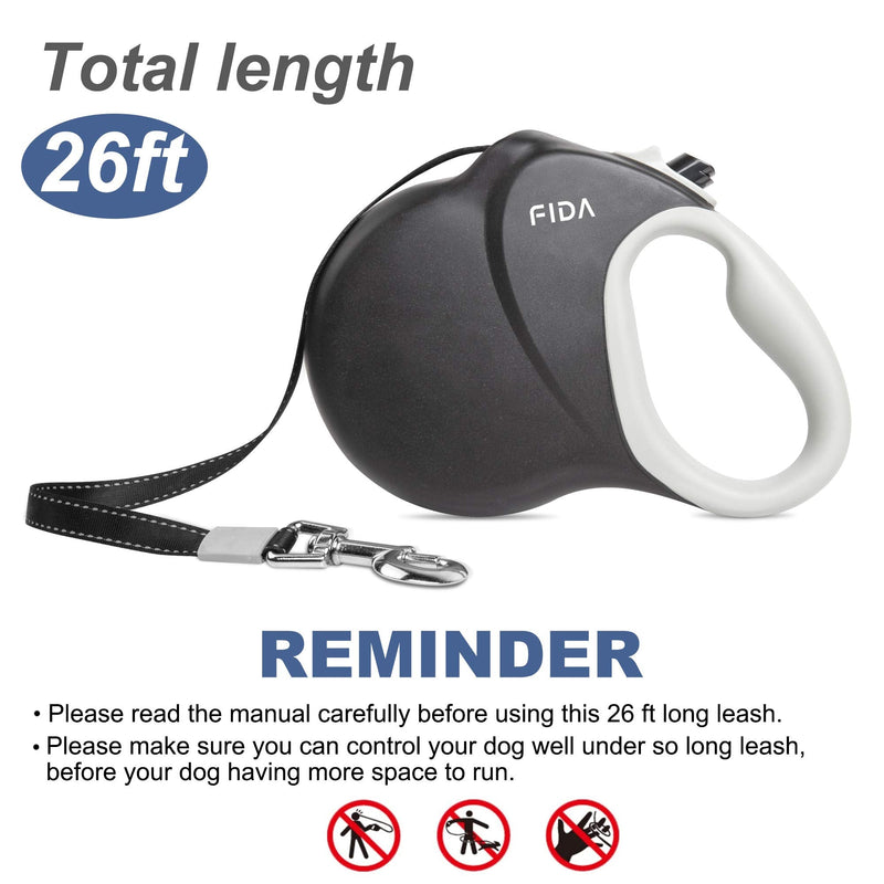 Fida Upgraded Retractable Dog Leash 26ft, Heavy Duty Pet Walking Leash for Medium/Large Breeds up to 110 lbs, 360° Tangle-Free Long Retract Dog Lead, Soft Grip, One-Hand Brake, Black - BeesActive Australia