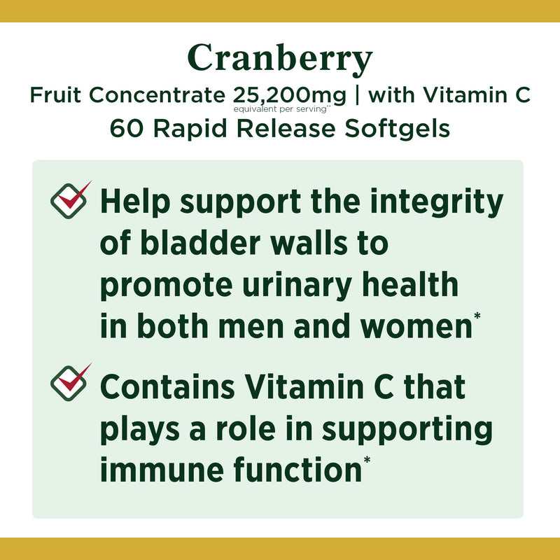 Cranberry Concentrate w/ Vitamin C by Nature's Bounty, Dietary Supplement, Supports Urinary Tract and Immune Health, 25200mg, 60 Rapid Release Softgels Cranberry with Vitamin C - BeesActive Australia