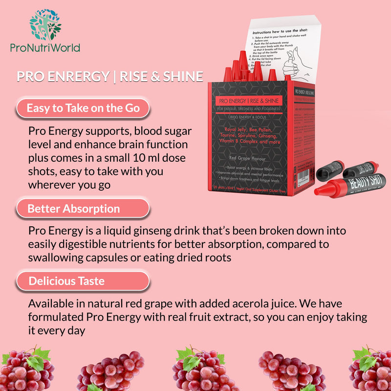 Ginseng and Royal Jelly Liquid Supplement with Guarana, Taurine, B Vitamins - Support Skin Health, Libido, Energy - 20 Shots - BeesActive Australia