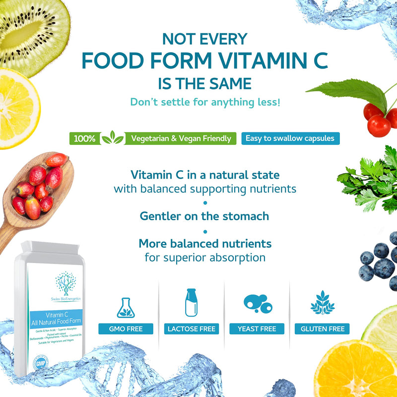 Natural Vitamin C 120 Capsules � Optimum Absorption All-Natural Food Form - Gentle & Non-Acidic - Packed with Bioflavonoids, Pectins, Essential Oils & phytonutrients - NO Synthetic ascorbic Acid - BeesActive Australia