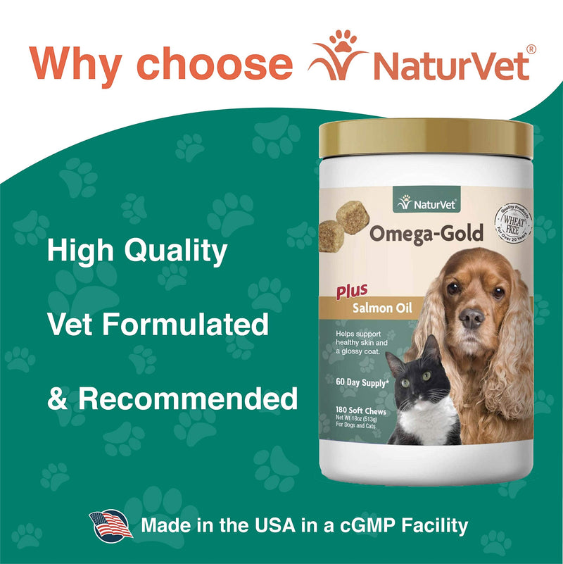 NaturVet Omega-Gold Plus Salmon Oil Skin and Coat Supplement for Dogs and Cats, Soft Chews, Made in the USA 180 Soft Chews - BeesActive Australia