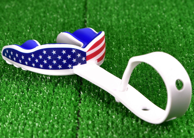 [AUSTRALIA] - Oral Mart Sports Mouth Guard with Strap (6 Best Colors & Vampire Fangs & USA Flag) (Football/Lacrosse/Ice Hockey) - Strapped Mouthguard for College Football, Ice Hockey, Lacrosse (/w Vented Case) Adult (Age 11 & Up) 